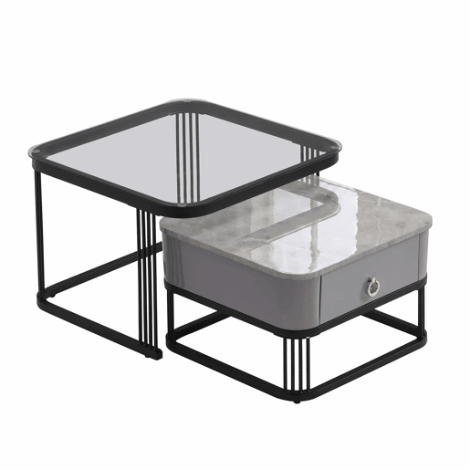 Mesa de centro empilhável - 2 peças - alto brilho com design em mármore e vidro, pernas pretas, com gavetas