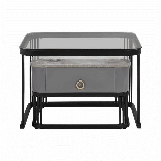Mesa de centro empilhável - 2 peças - alto brilho com design em mármore e vidro, pernas pretas, com gavetas