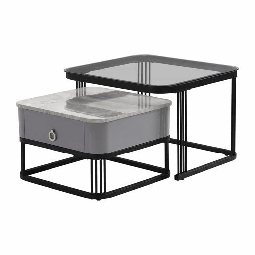 Mesa de centro empilhável - 2 peças - alto brilho com design em mármore e vidro, pernas pretas, com gavetas
