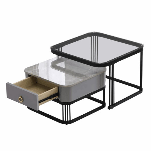 Mesa de centro empilhável - 2 peças - alto brilho com design em mármore e vidro, pernas pretas, com gavetas
