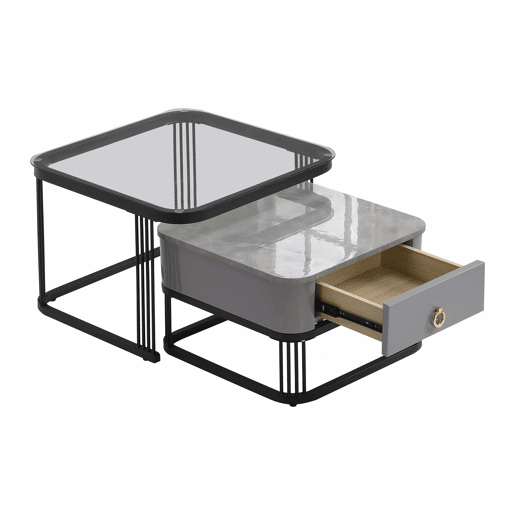 Mesa de centro empilhável - 2 peças - alto brilho com design em mármore e vidro, pernas pretas, com gavetas