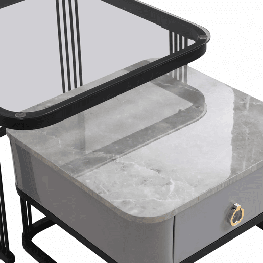 Mesa de centro empilhável - 2 peças - alto brilho com design em mármore e vidro, pernas pretas, com gavetas