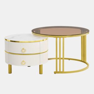 Conjunto de 2 mesas de centro com 2 gavetas - Tampo de vidro temperado castanho - Branco