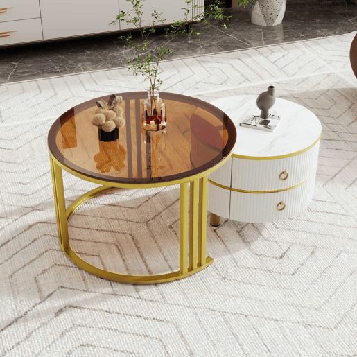 Conjunto de 2 mesas de centro com 2 gavetas - Tampo de vidro temperado castanho - Branco