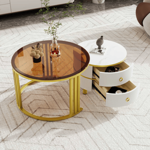 Conjunto de 2 mesas de centro com 2 gavetas - Tampo de vidro temperado castanho - Branco