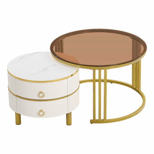 Conjunto de 2 mesas de centro com 2 gavetas - Tampo de vidro temperado castanho - Branco