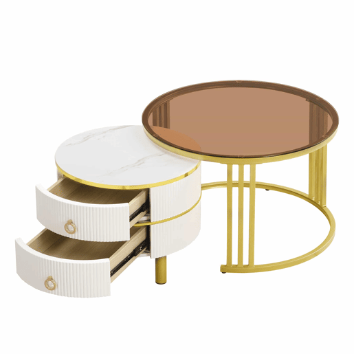 Conjunto de 2 mesas de centro com 2 gavetas - Tampo de vidro temperado castanho - Branco