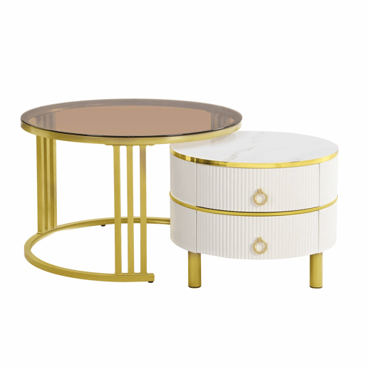 Conjunto de 2 mesas de centro com 2 gavetas - Tampo de vidro temperado castanho - Branco