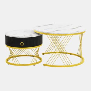 Mesa de centro empilhável 2 peças - Marmoroptik, detalhes dourados, com gavetas