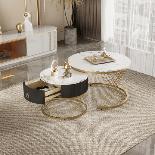 Mesa de centro empilhável 2 peças - Marmoroptik, detalhes dourados, com gavetas