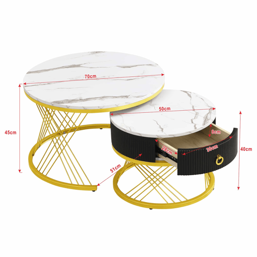 Mesa de centro empilhável 2 peças - Marmoroptik, detalhes dourados, com gavetas