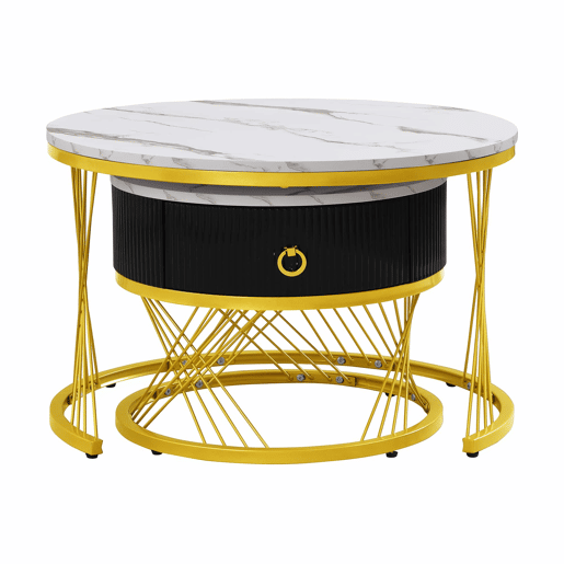 Mesa de centro empilhável 2 peças - Marmoroptik, detalhes dourados, com gavetas