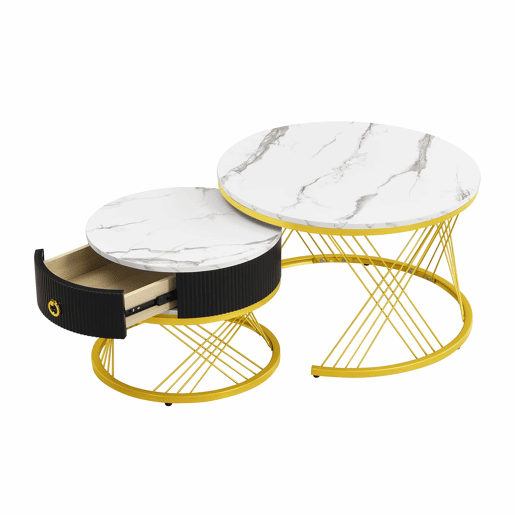 Mesa de centro empilhável 2 peças - Marmoroptik, detalhes dourados, com gavetas