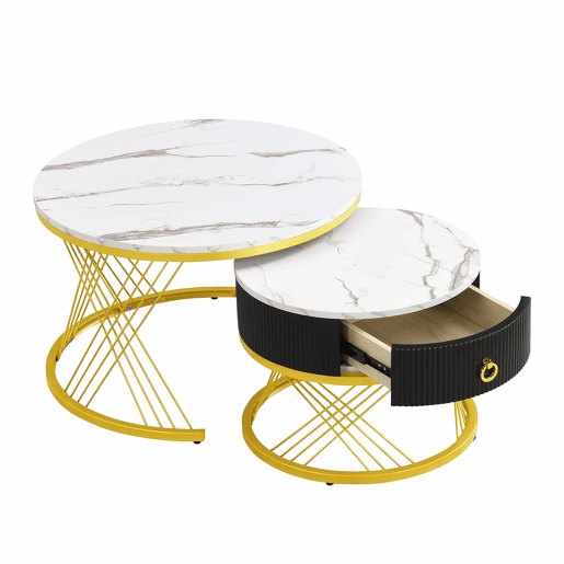 Mesa de centro empilhável 2 peças - Marmoroptik, detalhes dourados, com gavetas