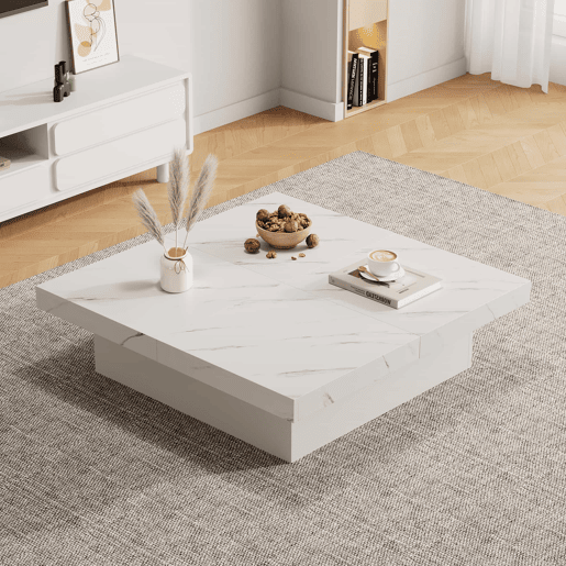 Mesa de centro quadrada com 4 gavetas - efeito mármore - Branco