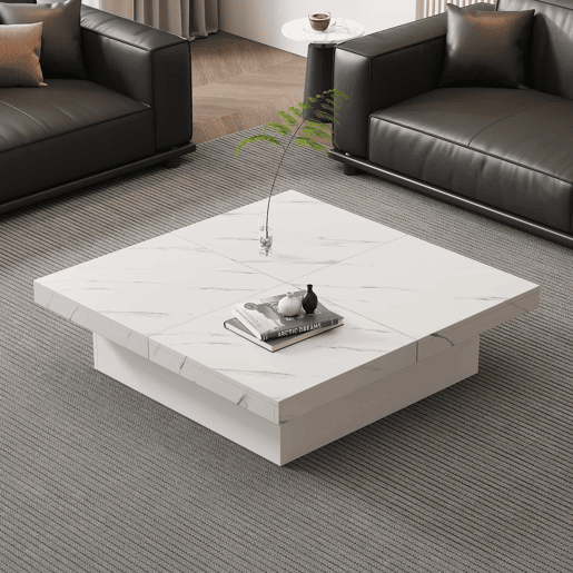 Mesa de centro quadrada com 4 gavetas - efeito mármore - Branco