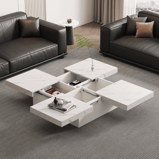Mesa de centro quadrada com 4 gavetas - efeito mármore - Branco