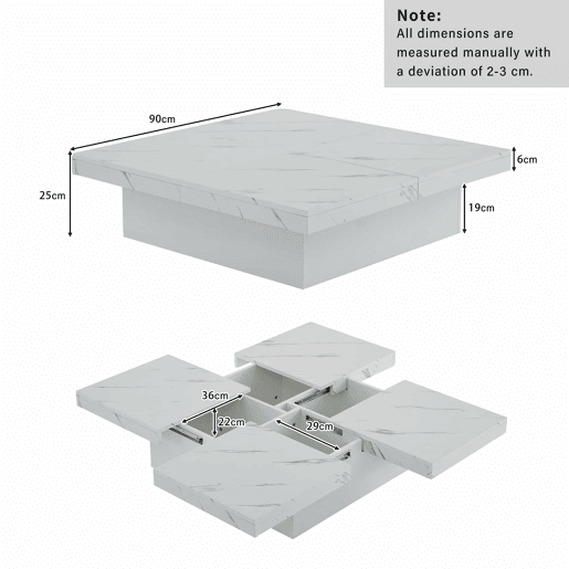 Mesa de centro quadrada com 4 gavetas - efeito mármore - Branco