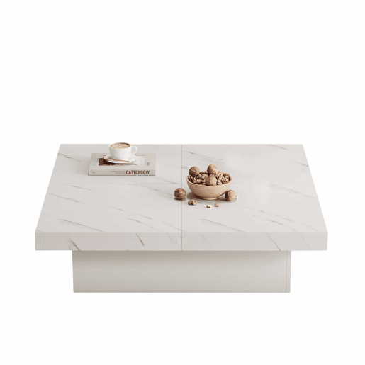Mesa de centro quadrada com 4 gavetas - efeito mármore - Branco