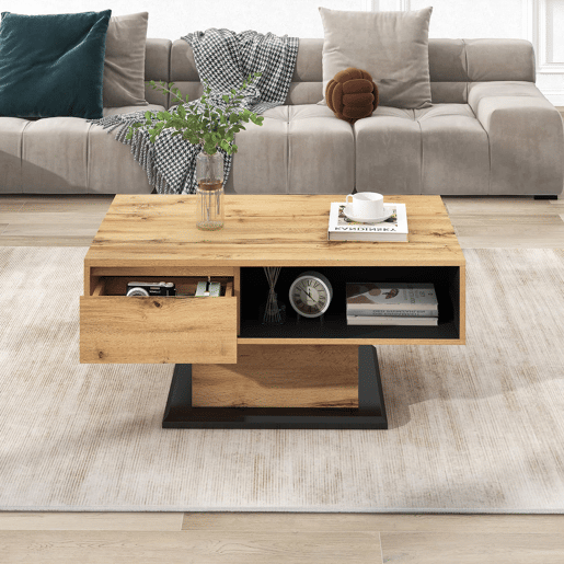 Mesa de centro com gaveta e nicho - estilo industrial - Natural