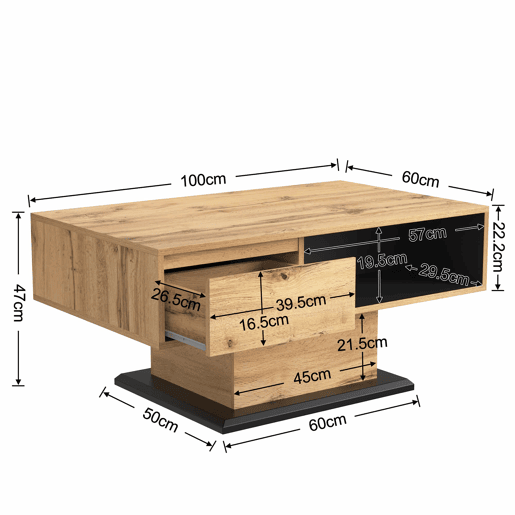 Mesa de centro com gaveta e nicho - estilo industrial - Natural