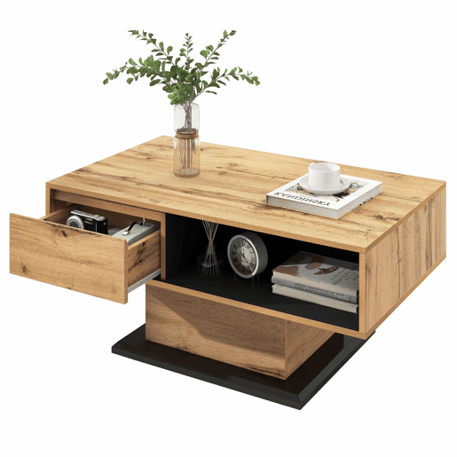 Mesa de centro com gaveta e nicho - estilo industrial - Natural