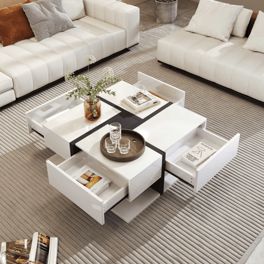 Mesa de centro Hochglanz 78x78x36cm - Com 4 gavetas, design linear e arrumação inferior - Cor única