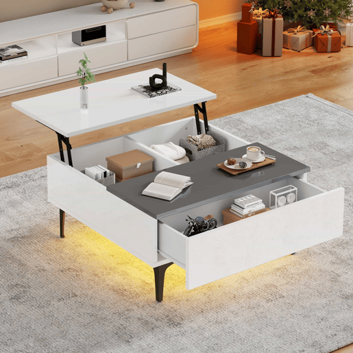 Mesa de café elevável 707035 cm - Mesa de sala com arrumação oculta e prateleiras, secretária com LED, mesa com gavetas - Branco