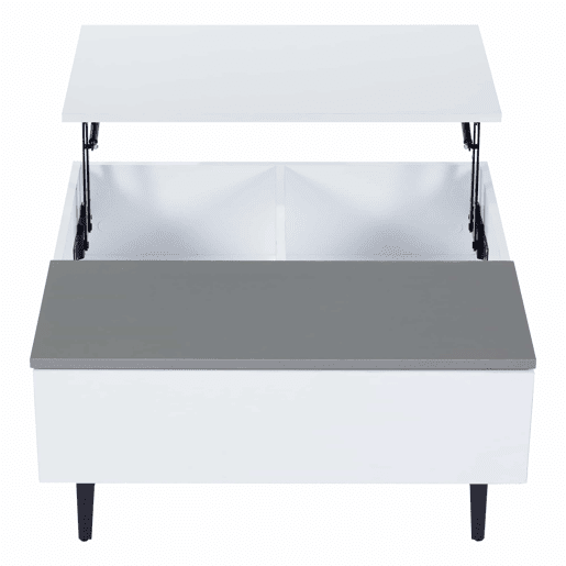 Mesa de café elevável 707035 cm - Mesa de sala com arrumação oculta e prateleiras, secretária com LED, mesa com gavetas - Branco