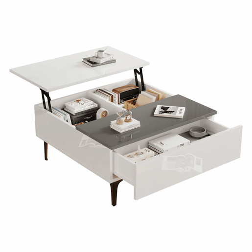 Mesa de café elevável 707035 cm - Mesa de sala com arrumação oculta e prateleiras, secretária com LED, mesa com gavetas - Branco