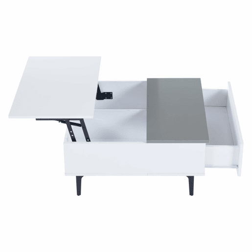 Mesa de café elevável 707035 cm - Mesa de sala com arrumação oculta e prateleiras, secretária com LED, mesa com gavetas - Branco