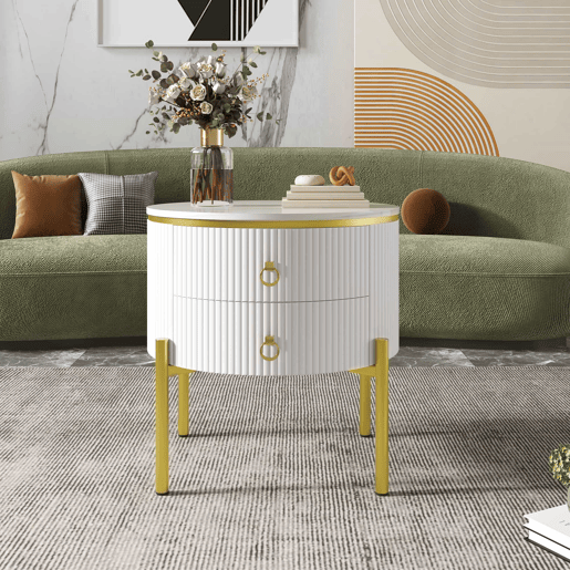 Mesa auxiliar - com gavetas, superfície especial, estrutura em mármore, pernas e puxadores dourados, ajustável - Branco