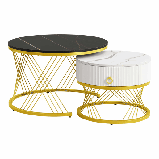 Mesa de centro empilhável 2 peças - Marmoroptik, decorações douradas, mesa auxiliar com gavetas - Preto