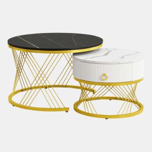 Mesa de centro empilhável 2 peças - Marmoroptik, decorações douradas, mesa auxiliar com gavetas - Preto