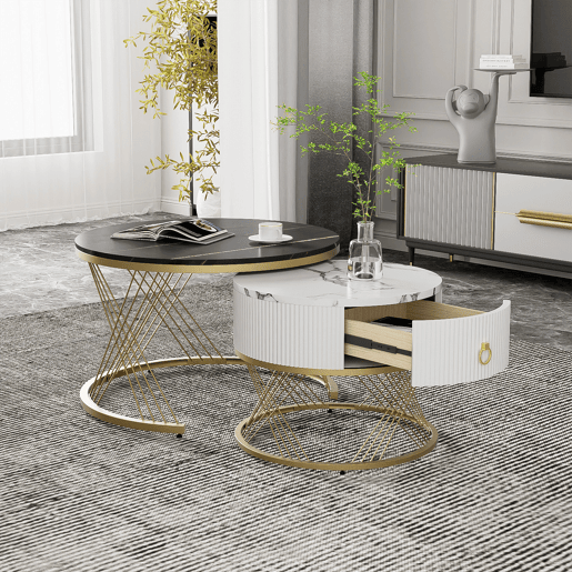 Mesa de centro empilhável 2 peças - Marmoroptik, decorações douradas, mesa auxiliar com gavetas - Preto