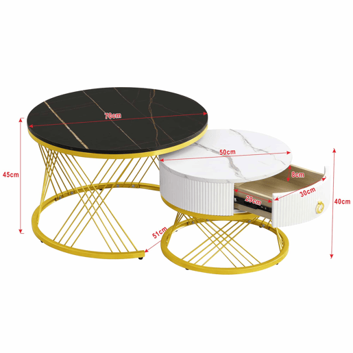 Mesa de centro empilhável 2 peças - Marmoroptik, decorações douradas, mesa auxiliar com gavetas - Preto