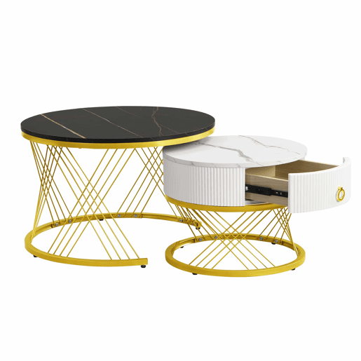 Mesa de centro empilhável 2 peças - Marmoroptik, decorações douradas, mesa auxiliar com gavetas - Preto