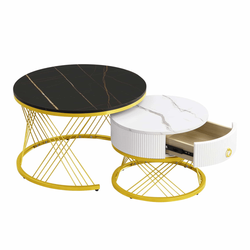 Mesa de centro empilhável 2 peças - Marmoroptik, decorações douradas, mesa auxiliar com gavetas - Preto