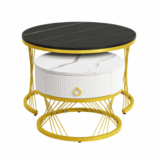 Mesa de centro empilhável 2 peças - Marmoroptik, decorações douradas, mesa auxiliar com gavetas - Preto