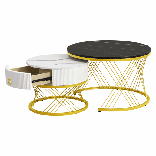 Mesa de centro empilhável 2 peças - Marmoroptik, decorações douradas, mesa auxiliar com gavetas - Preto