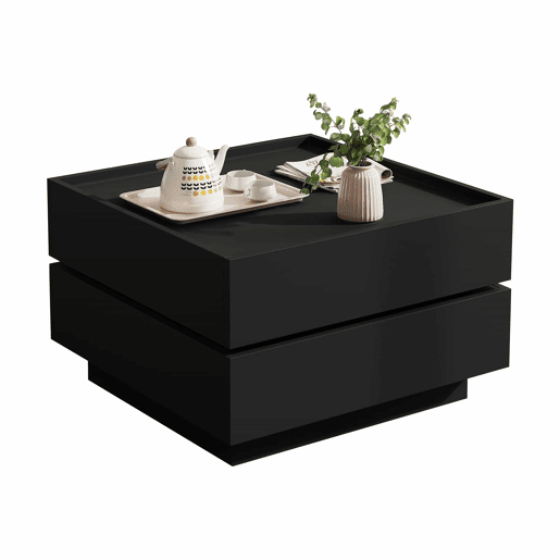 Mesa de café giratória 60x60x38 cm - 360° giratória, 2 prateleiras e arrumação - Preto Mesa de café giratória 60x60x38 cm - 360° giratória, 2 prateleiras e arrumação - Preto