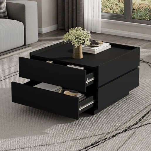 Mesa de café giratória 60x60x38 cm - 360° giratória, 2 prateleiras e arrumação - Preto Mesa de café giratória 60x60x38 cm - 360° giratória, 2 prateleiras e arrumação - Preto