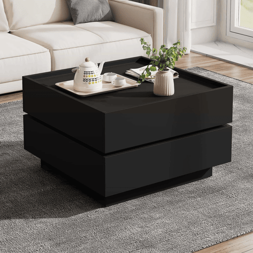 Mesa de café giratória 60x60x38 cm - 360° giratória, 2 prateleiras e arrumação - Preto Mesa de café giratória 60x60x38 cm - 360° giratória, 2 prateleiras e arrumação - Preto