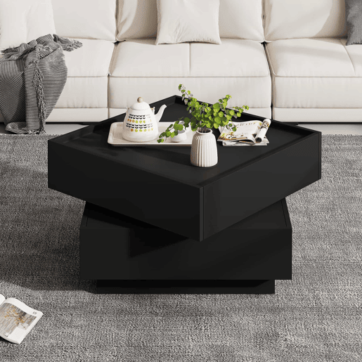 Mesa de café giratória 60x60x38 cm - 360° giratória, 2 prateleiras e arrumação - Preto Mesa de café giratória 60x60x38 cm - 360° giratória, 2 prateleiras e arrumação - Preto