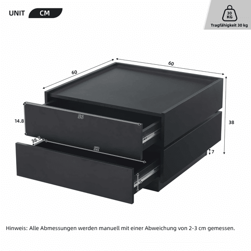 Mesa de café giratória 60x60x38 cm - 360° giratória, 2 prateleiras e arrumação - Preto Mesa de café giratória 60x60x38 cm - 360° giratória, 2 prateleiras e arrumação - Preto