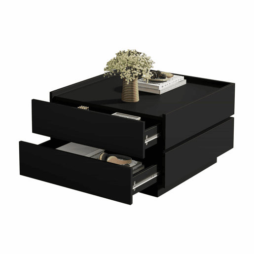 Mesa de café giratória 60x60x38 cm - 360° giratória, 2 prateleiras e arrumação - Preto Mesa de café giratória 60x60x38 cm - 360° giratória, 2 prateleiras e arrumação - Preto