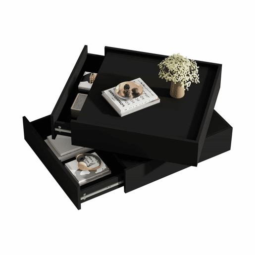 Mesa de café giratória 60x60x38 cm - 360° giratória, 2 prateleiras e arrumação - Preto Mesa de café giratória 60x60x38 cm - 360° giratória, 2 prateleiras e arrumação - Preto
