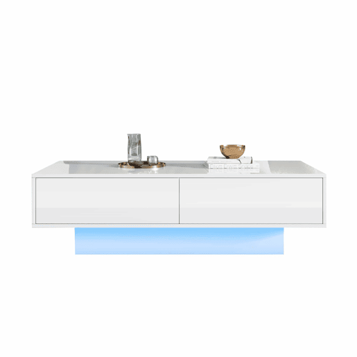 Mesa de centro moderna 115x55x34 cm - 2 gavetas, iluminação LED, capacidade para 30 kg - Branco