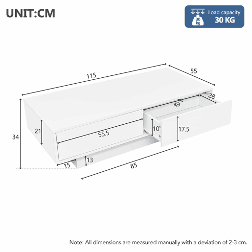 Mesa de centro moderna 115x55x34 cm - 2 gavetas, iluminação LED, capacidade para 30 kg - Branco