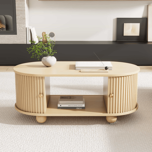 Mesa de centro ovalada com arrumação - Móvel multifuncional com portas de correr - Cor madeira